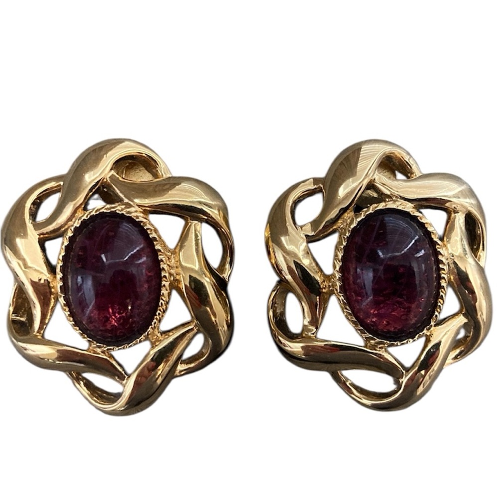 St.John Vintage 1990's Gold and Red Glass Cabochon Classic Couture Clip Earrings